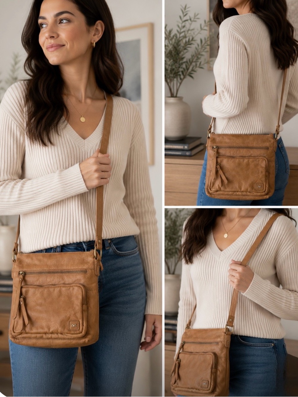 Wise Owl Genuine Leather Crossbody Bag in Cognac Brown